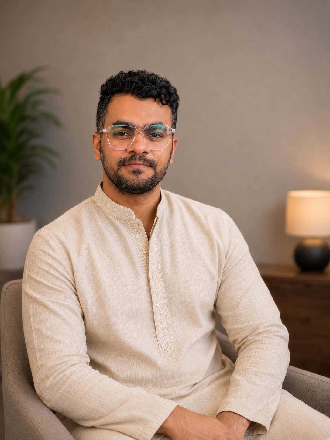 Sumukh Nijhawan, seated in a calm, warmly lit room